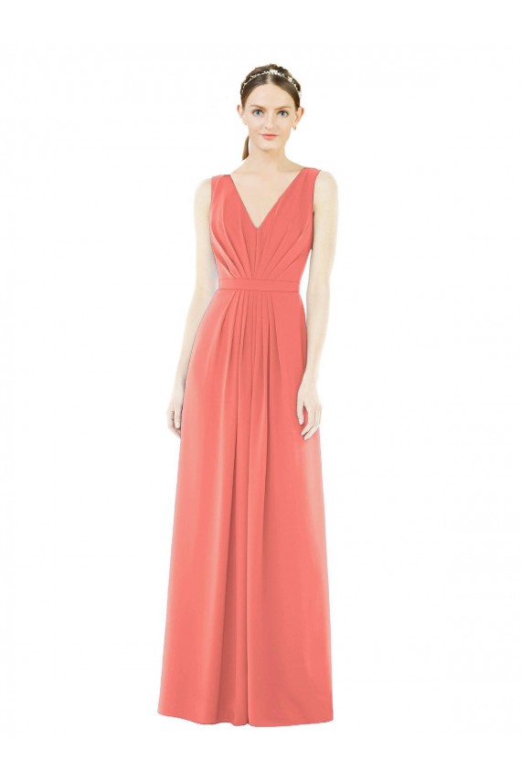 V-Neck Long Soft Chiffon Coral A-Line Sleeveless Bridesmaid Dress Victoria