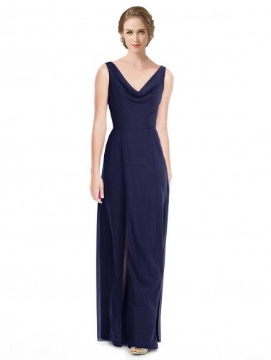 Cowl Neck Long Soft Chiffon Dark Navy Sleeveless Bridesmaid Dress Victoria