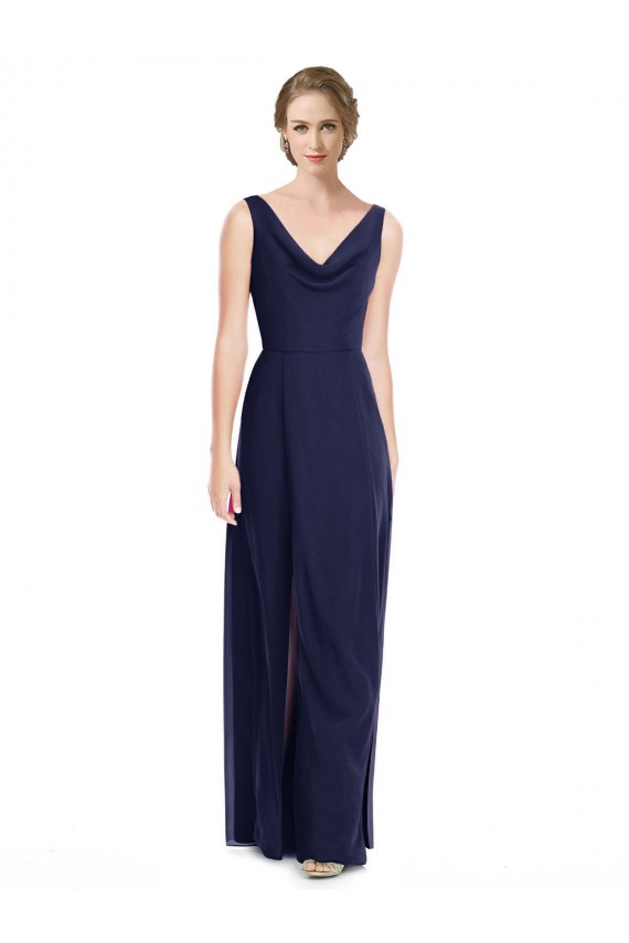 Cowl Neck Long Soft Chiffon Dark Navy Sleeveless Bridesmaid Dress Victoria