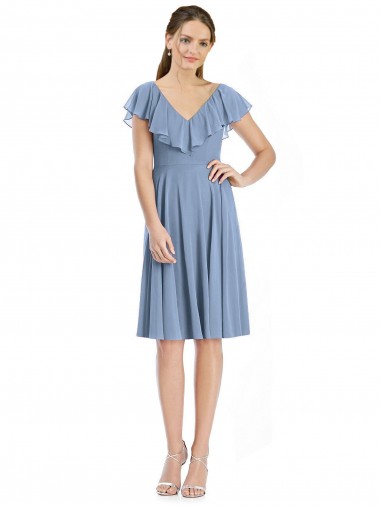 V-Neck Cocktail Length Soft Chiffon Dusty Blue Cap Sleeves Bridesmaid Dress Victoria