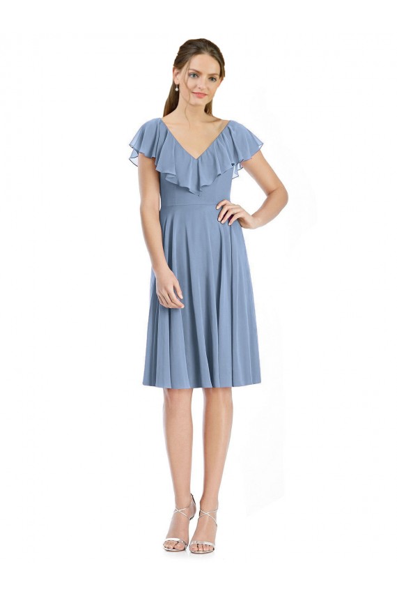 V-Neck Cocktail Length Soft Chiffon Dusty Blue Cap Sleeves Bridesmaid Dress Victoria