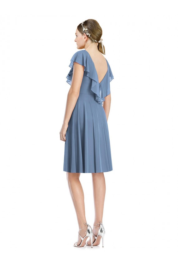 V-Neck Cocktail Length Soft Chiffon Dusty Blue Cap Sleeves Bridesmaid Dress Victoria