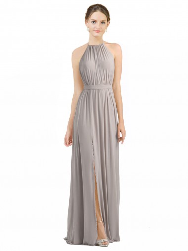 Halter Neck Long Soft Chiffon Oyster Silver Sleeveless Bridesmaid Dress Victoria
