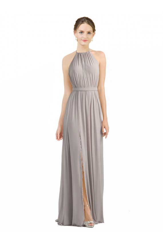 Halter Neck Long Soft Chiffon Oyster Silver Sleeveless Bridesmaid Dress Victoria