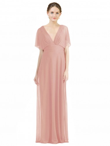 V-Neck Long Soft Chiffon Bliss Pink Short Sleeves Bridesmaid Dress / Formal Dress Victoria