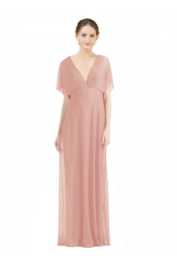 V-Neck Long Soft Chiffon Bliss Pink Short Sleeves Bridesmaid Dress / Formal Dress Victoria