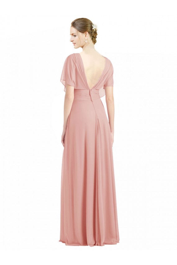 V-Neck Long Soft Chiffon Bliss Pink Short Sleeves Bridesmaid Dress / Formal Dress Victoria