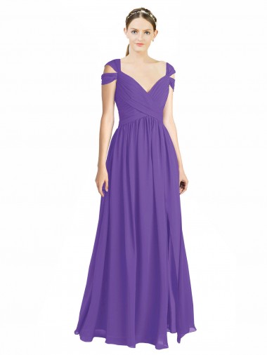 Sweetheart Long Soft Chiffon Purple Cap Sleeves Bridesmaid Dress Victoria