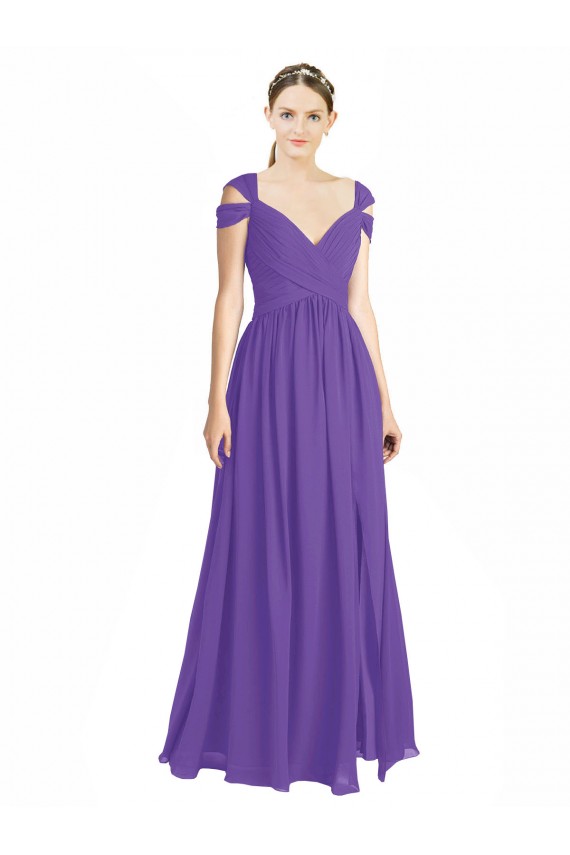 Sweetheart Long Soft Chiffon Purple Cap Sleeves Bridesmaid Dress Victoria