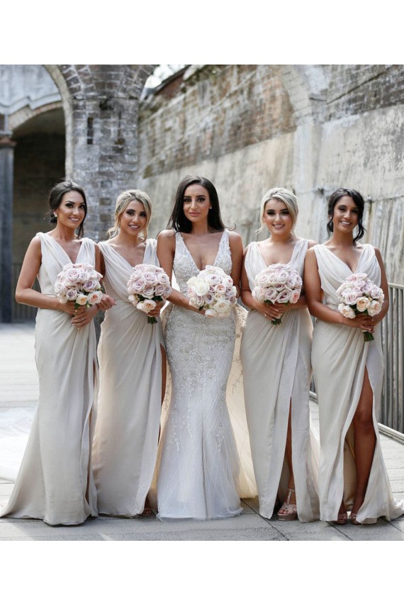V-Neck Long Soft Chiffon Champagne Sleeveless Bridesmaid Dress Victoria