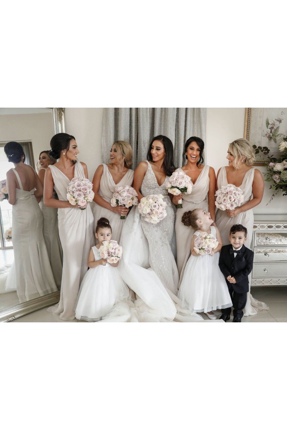 V-Neck Long Soft Chiffon Champagne Sleeveless Bridesmaid Dress Victoria