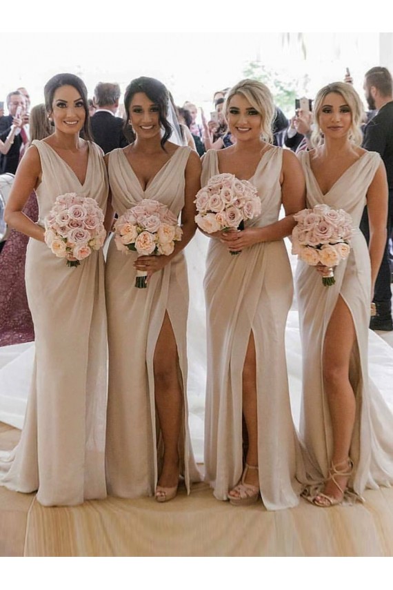 V-Neck Long Soft Chiffon Champagne Sleeveless Bridesmaid Dress Victoria