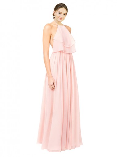 Halter Neck Long Soft Chiffon Pink Sleeveless Formal Dress / Bridesmaid Dress Victoria