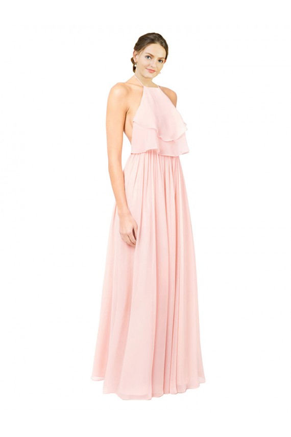 Halter Neck Long Soft Chiffon Pink Sleeveless Formal Dress / Bridesmaid Dress Victoria