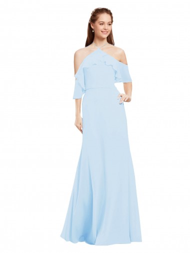 Halter Neck Long Soft Chiffon Light Sky Blue Cold Shoulder Formal Dress / Bridesmaid Dress Victoria