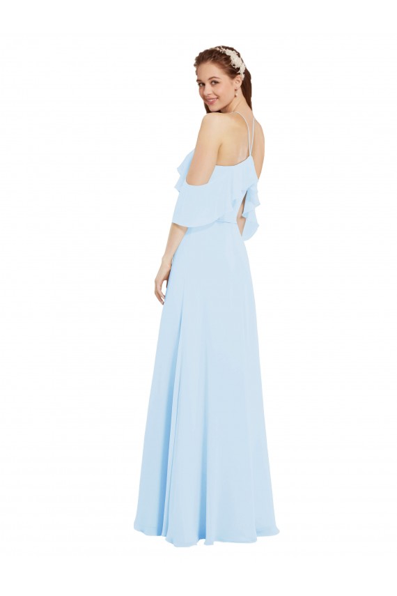Halter Neck Long Soft Chiffon Light Sky Blue Cold Shoulder Formal Dress / Bridesmaid Dress Victoria