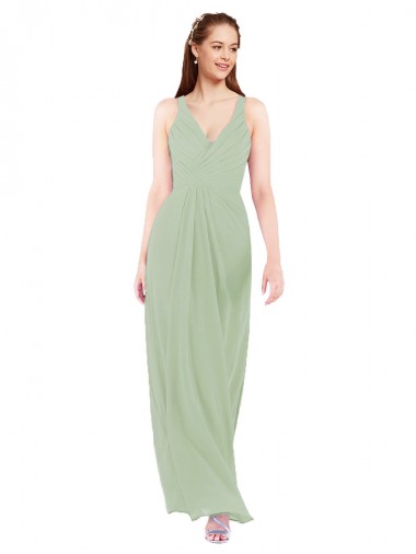 V-Neck Long Soft Chiffon Smoke Green Sheath Sleeveless Bridesmaid Dress Victoria