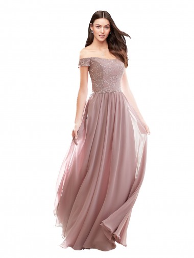 Off the Shoulder Long Soft Chiffon & Lace Pink Cap Sleeves Bridesmaid Dress Victoria