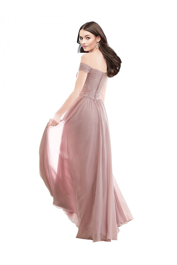 Off the Shoulder Long Soft Chiffon & Lace Pink Cap Sleeves Bridesmaid Dress Victoria