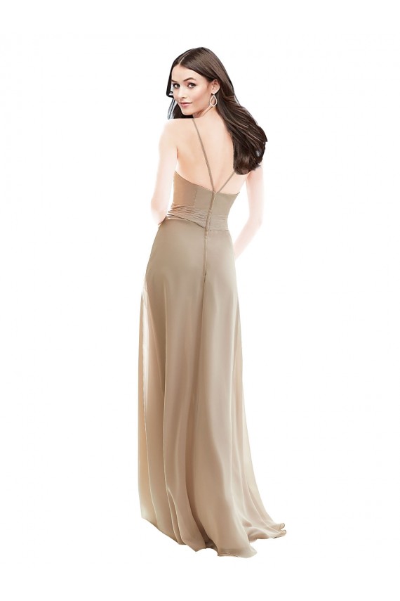 High Neck Long Soft Chiffon Champagne Sleeveless Bridesmaid Dress Victoria