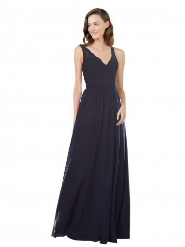 V-Neck Long Soft Chiffon & Lace Dark Navy Sleeveless Bridesmaid Dress Victoria