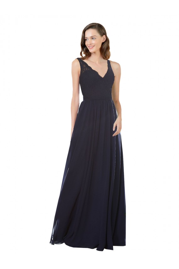 V-Neck Long Soft Chiffon & Lace Dark Navy Sleeveless Bridesmaid Dress Victoria