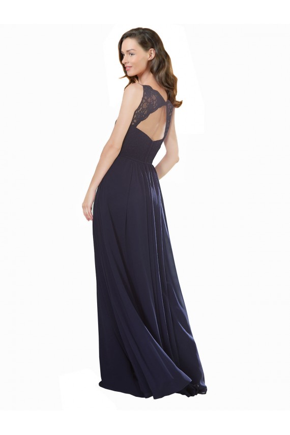 V-Neck Long Soft Chiffon & Lace Dark Navy Sleeveless Bridesmaid Dress Victoria
