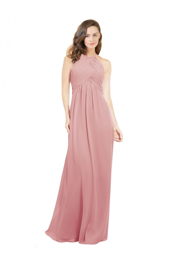 Halter Neck Long Soft Chiffon Bliss Pink A-Line Sleeveless Bridesmaid Dress Victoria