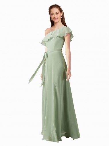 One Shoulder Long Soft Chiffon Smoke Green Flutter Sleeves Bridesmaid Dress Victoria