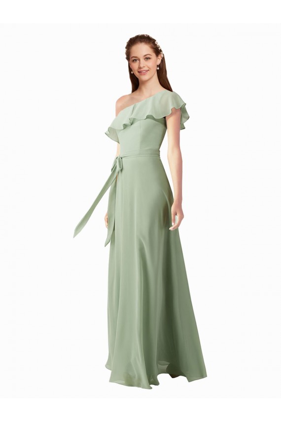 One Shoulder Long Soft Chiffon Smoke Green Flutter Sleeves Bridesmaid Dress Victoria