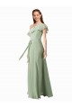 One Shoulder Long Soft Chiffon Smoke Green Flutter Sleeves Bridesmaid Dress Victoria