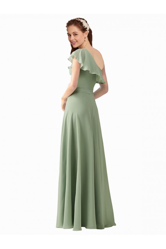 One Shoulder Long Soft Chiffon Smoke Green Flutter Sleeves Bridesmaid Dress Victoria