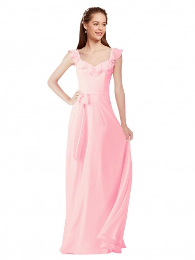 V-Neck Long Soft Chiffon Pink Cap Sleeves Bridesmaid Dress Victoria