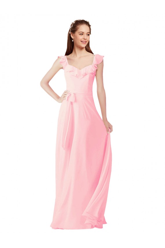 V-Neck Long Soft Chiffon Pink Cap Sleeves Bridesmaid Dress Victoria