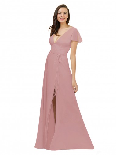 V-Neck Long Chiffon Dusty Pink Flutter Sleeves Bridesmaid Dress / Evening Dress Victoria