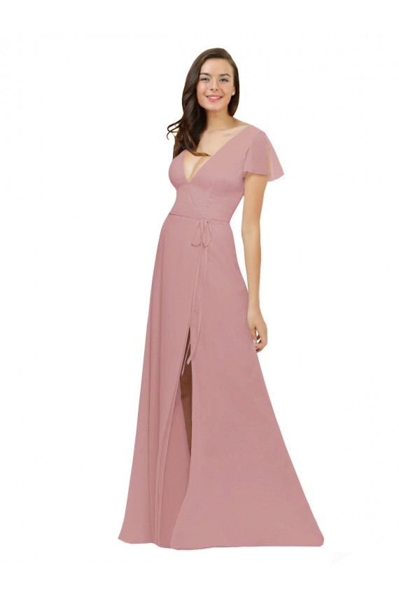 V-Neck Long Chiffon Dusty Pink Flutter Sleeves Bridesmaid Dress / Evening Dress Victoria
