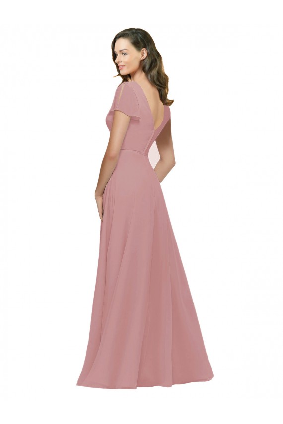 V-Neck Long Chiffon Dusty Pink Flutter Sleeves Bridesmaid Dress / Evening Dress Victoria