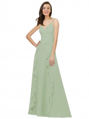 V-Neck Long Soft Chiffon Smoke Green Sleeveless Bridesmaid Dress Victoria