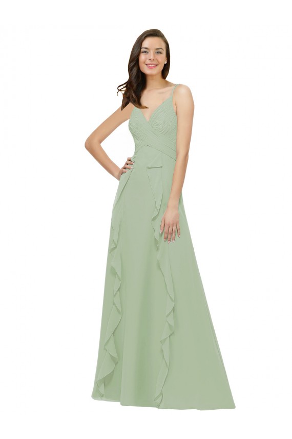V-Neck Long Soft Chiffon Smoke Green Sleeveless Bridesmaid Dress Victoria
