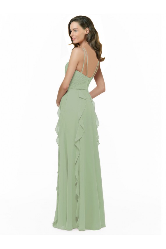 V-Neck Long Soft Chiffon Smoke Green Sleeveless Bridesmaid Dress Victoria