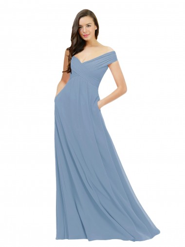 Off the Shoulder Long Chiffon Dusty Blue Sleeveless Bridesmaid Dress / Evening Gowns Victoria
