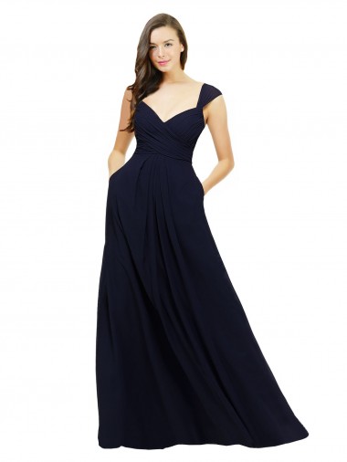Sweetheart Long Chiffon Dark Navy Sleeveless Bridesmaid Gowns Victoria