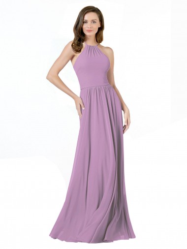 Halter Neck Long Soft Chiffon Dark Lavender Sleeveless Bridesmaid Dress Victoria