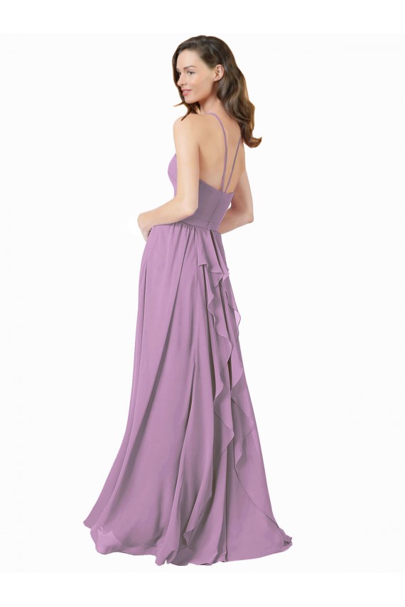 Halter Neck Long Soft Chiffon Dark Lavender Sleeveless Bridesmaid Dress Victoria
