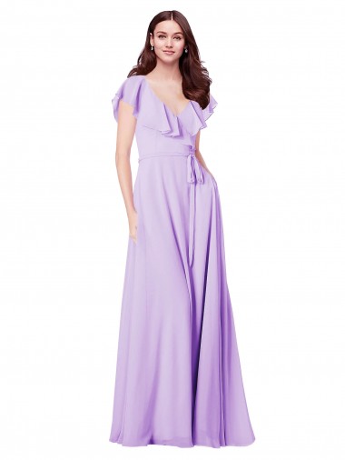 V-Neck Long Soft Chiffon Lilac Cap Sleeves Bridesmaid Dress / Formal Dress Victoria