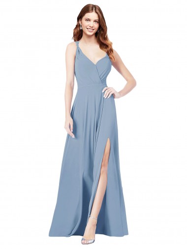 V-Neck Long Soft Chiffon Dusty Blue Sleeveless Formal Dress / Bridesmaid Dress Victoria