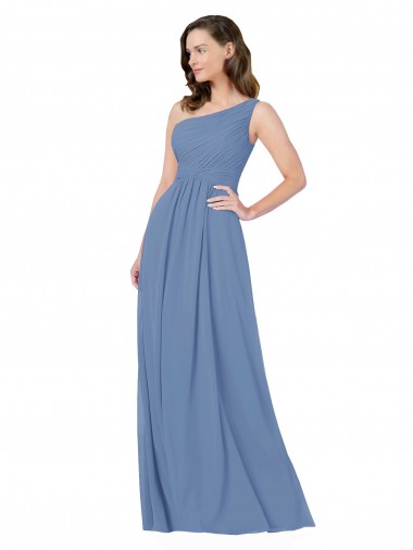 One Shoulder Long Soft Chiffon Windsor Blue Sleeveless Bridesmaid Dress Victoria