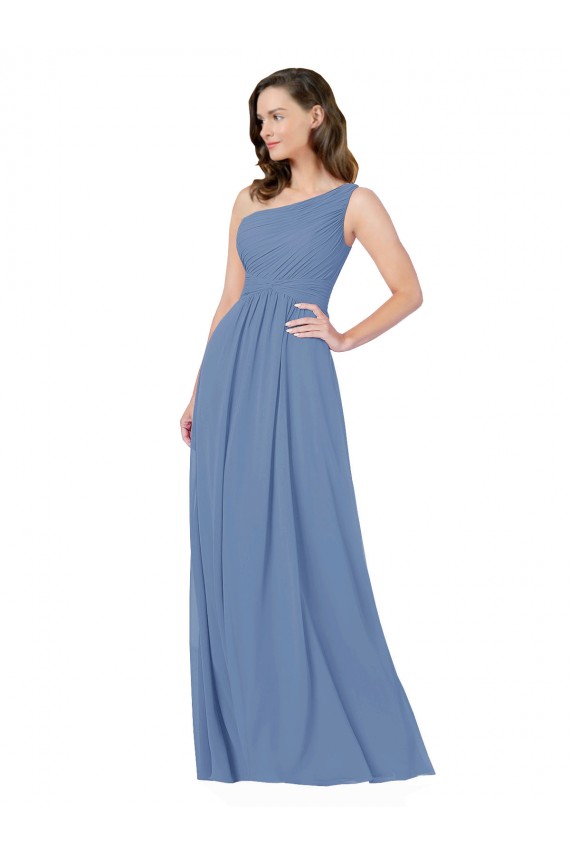 One Shoulder Long Soft Chiffon Windsor Blue Sleeveless Bridesmaid Dress Victoria