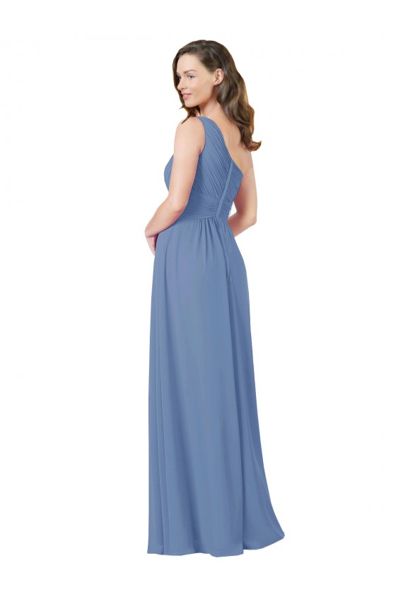 One Shoulder Long Soft Chiffon Windsor Blue Sleeveless Bridesmaid Dress Victoria