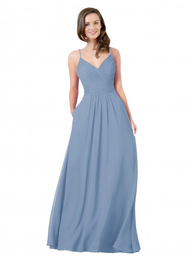 V-Neck Long Chiffon Dusty Blue Sleeveless Bridesmaid Dress / Evening Dress Victoria